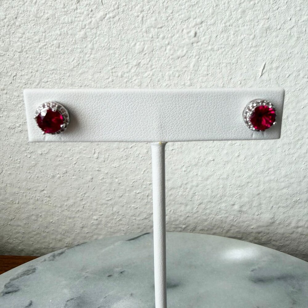 NEW 2.06ctw Lab Created Ruby & Lab Created Sapphire Sterling Halo Stud Earrings - Picture 7 of 14